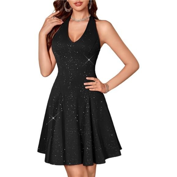 Glitter Sparkle V Neck Cocktail Dress for Women Black - Picture 1 of 6